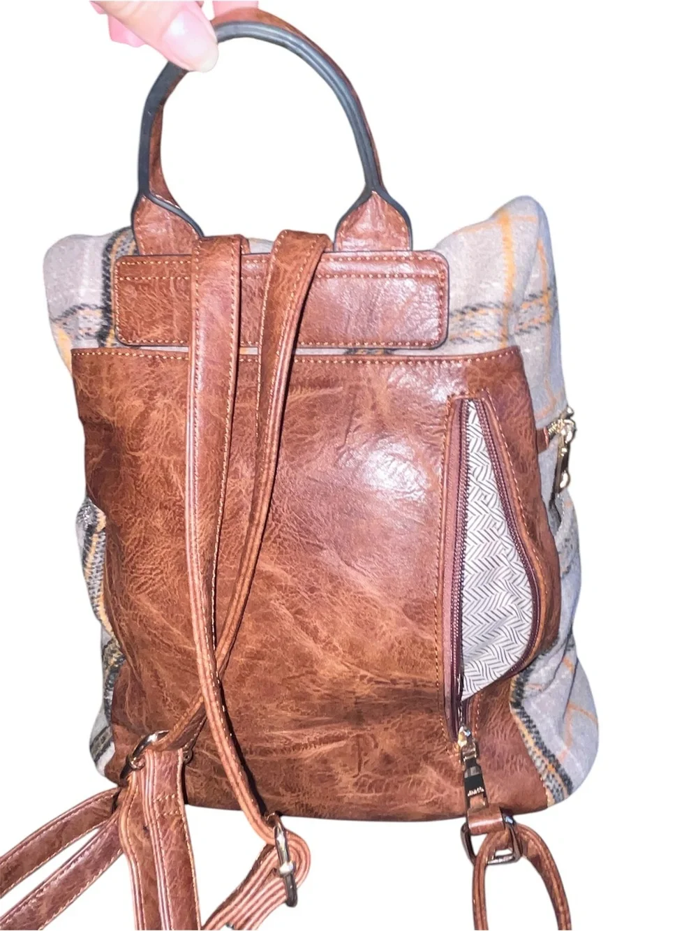 Plaid Wool Backpack with Brown Leather Straps - Beige and Orange